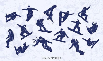 Conjunto de diseño de silueta de snowboarder