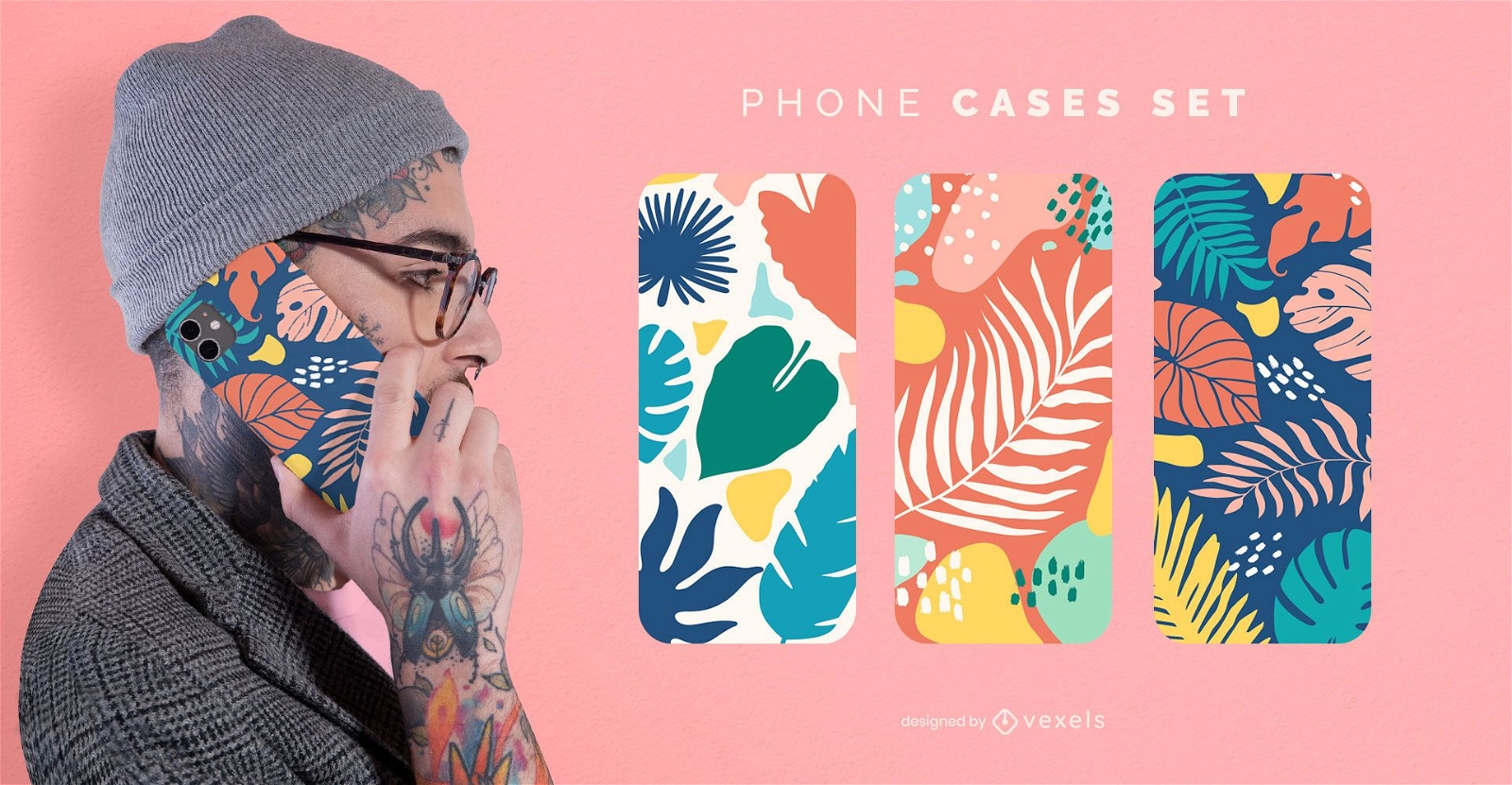 Conjunto de capa de telefone com folhas coloridas