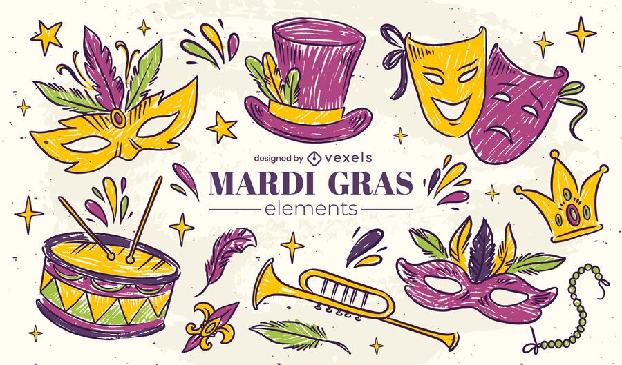 Conjunto de elementos de boceto de mardi gras Conjunto de elementos de boceto de mardi gras