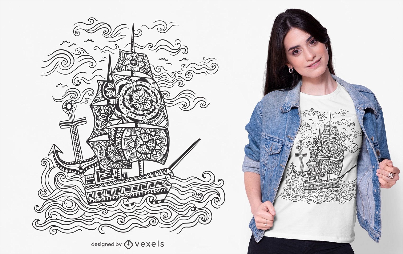 Design de t-shirt de navio mandala