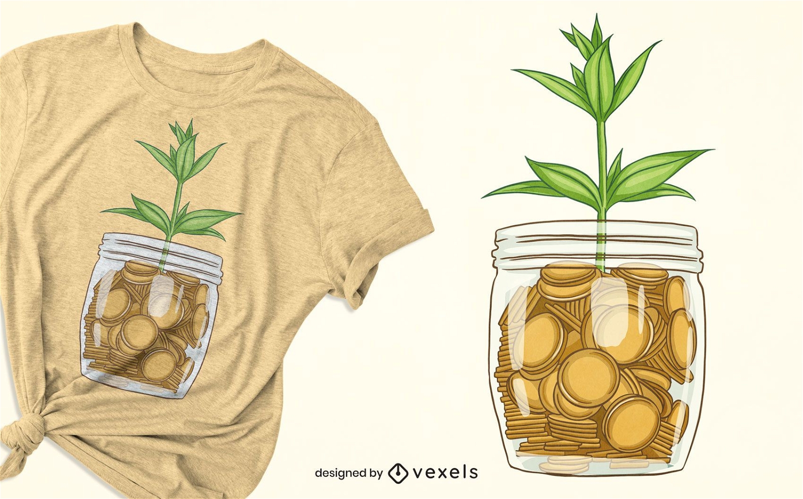 Design de t-shirt com planta de jarro de moedas