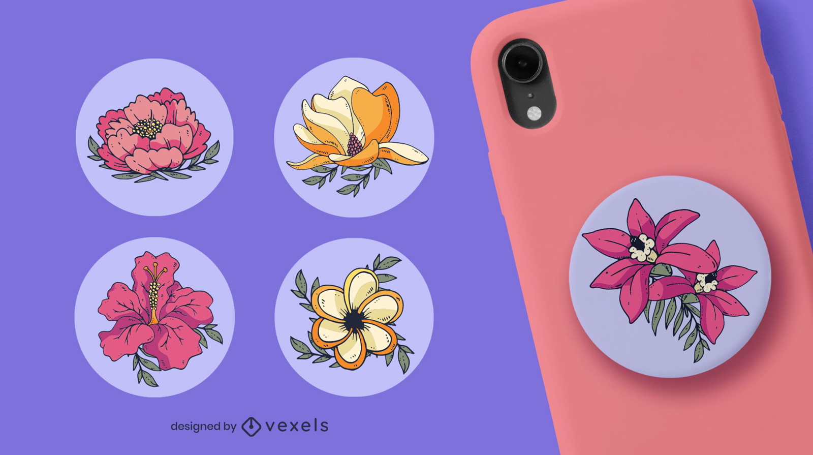 Diseño de conjunto de popsocket de flores