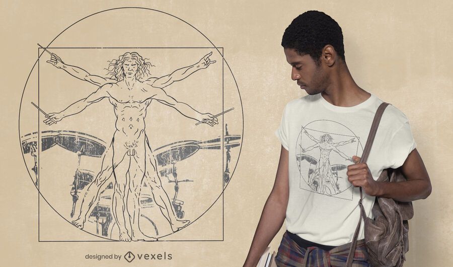 Diseño de camiseta de hombre baterista de vitruvio. Diseño de camiseta de hombre baterista de vitruvio.