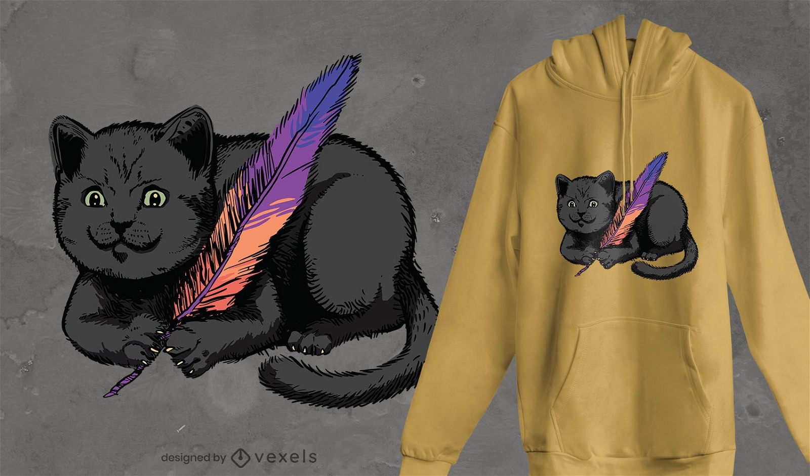Design de camiseta com pena de gato preto