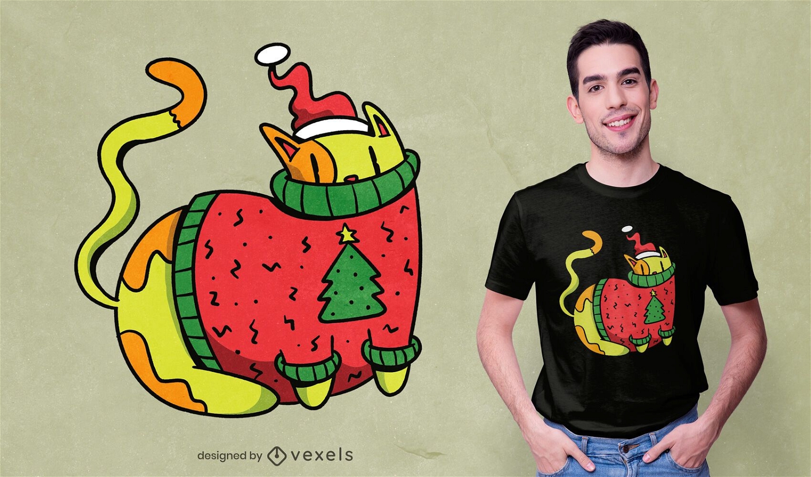 Katze mit Weihnachtspullover-T-Shirt Design