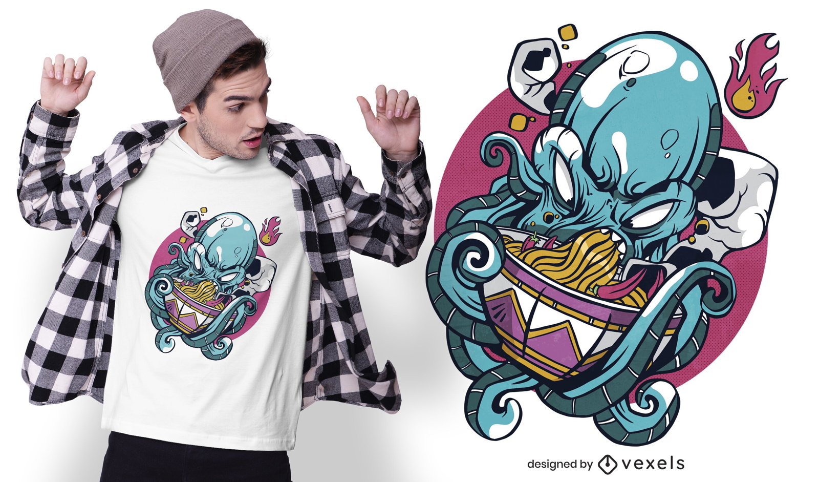 Diseño de camiseta de pulpo comiendo ramen.