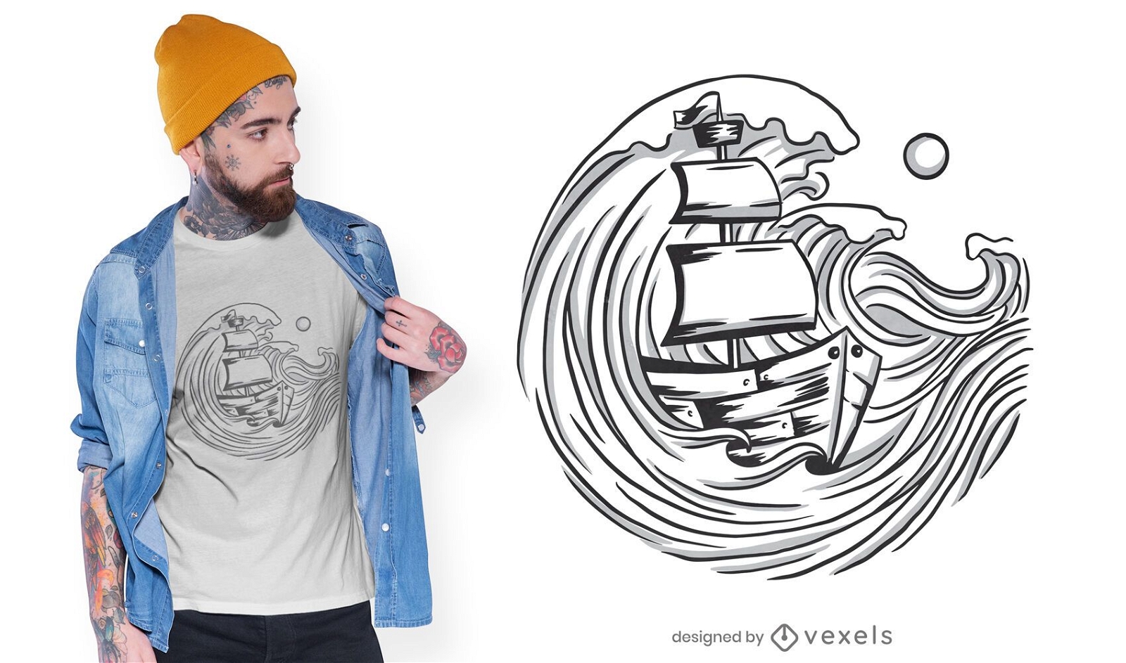 Schiff und Wellen T-Shirt Design