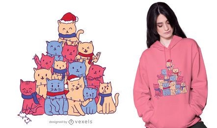 Diseño de camiseta de árbol de navidad de gatos