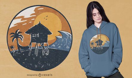 Design de t-shirt para cabana de praia e pôr do sol