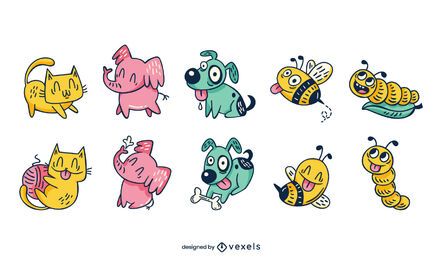 Lindo conjunto de dibujos animados de animales e insectos