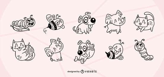 Conjunto de traços de animais e insetos fofos