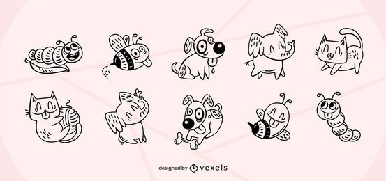 Conjunto de traços de animais e insetos fofos Conjunto de traços de animais e insetos fofos