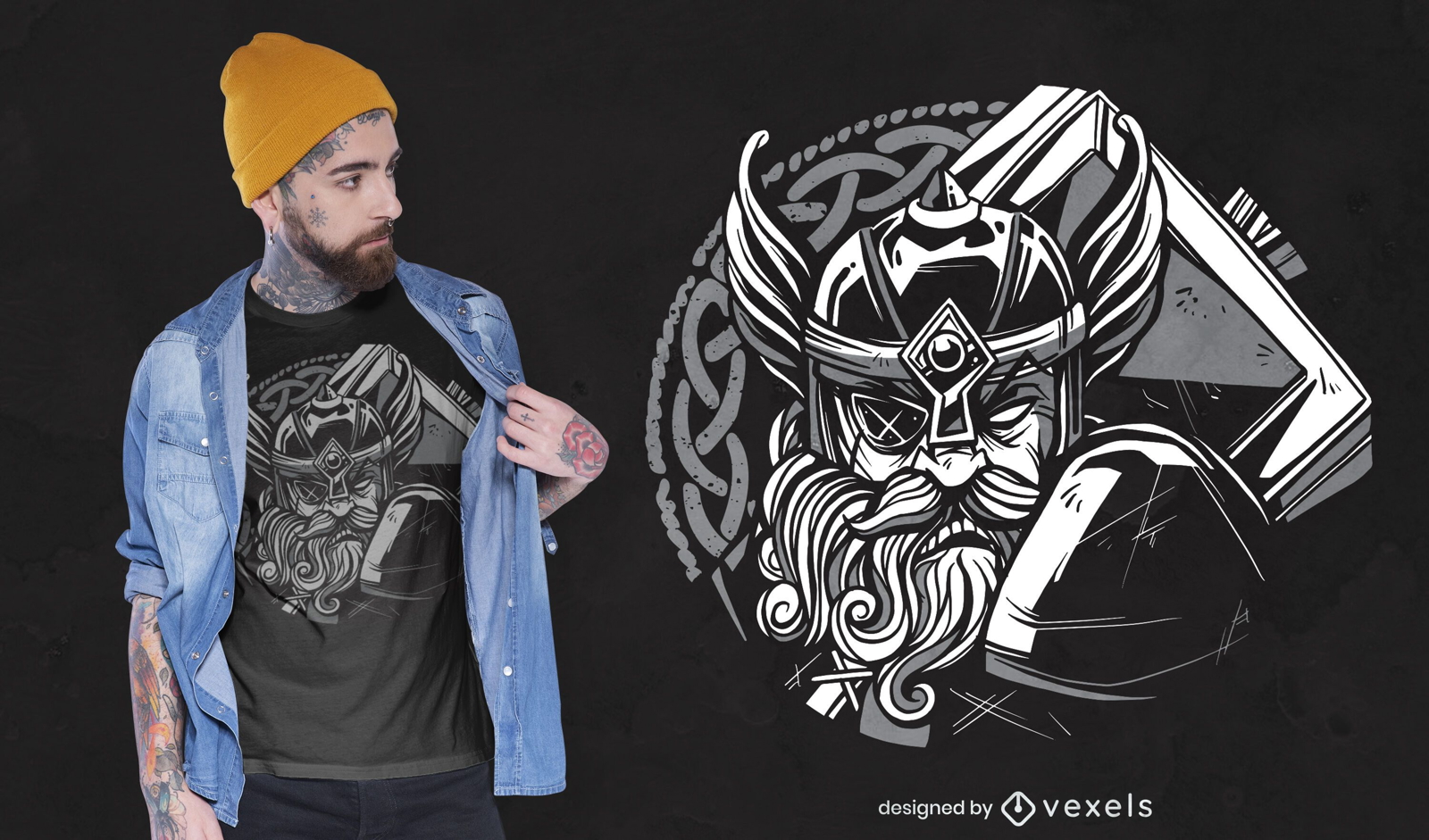 Personaje vikingo con diseño de camiseta de martillo.