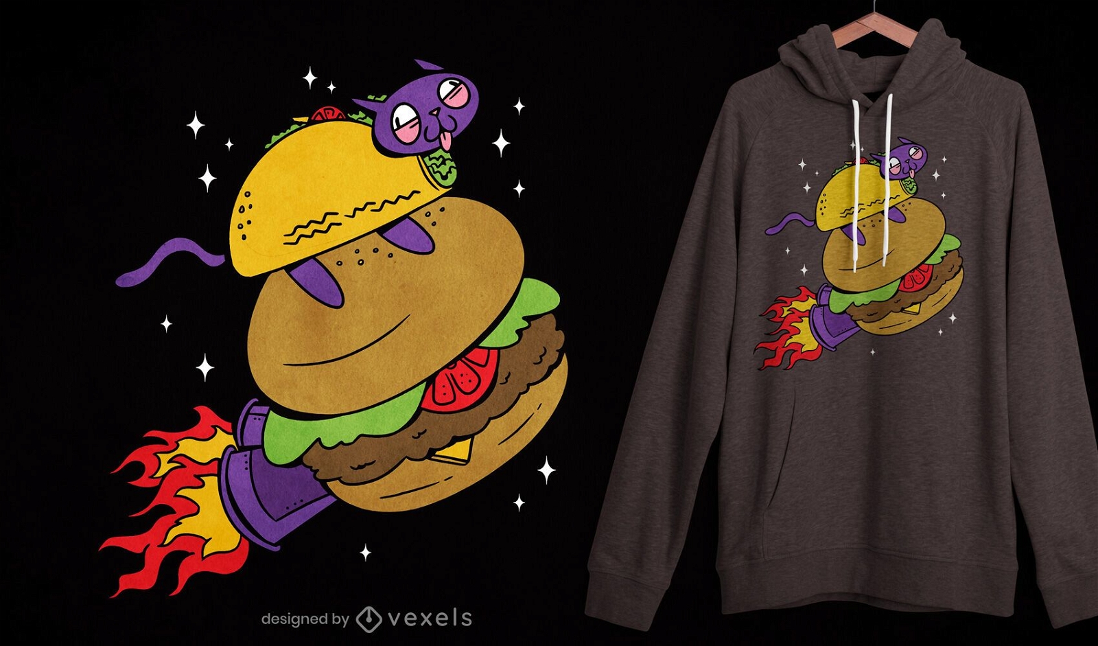 Design de t-shirt de hambúrguer com gato taco