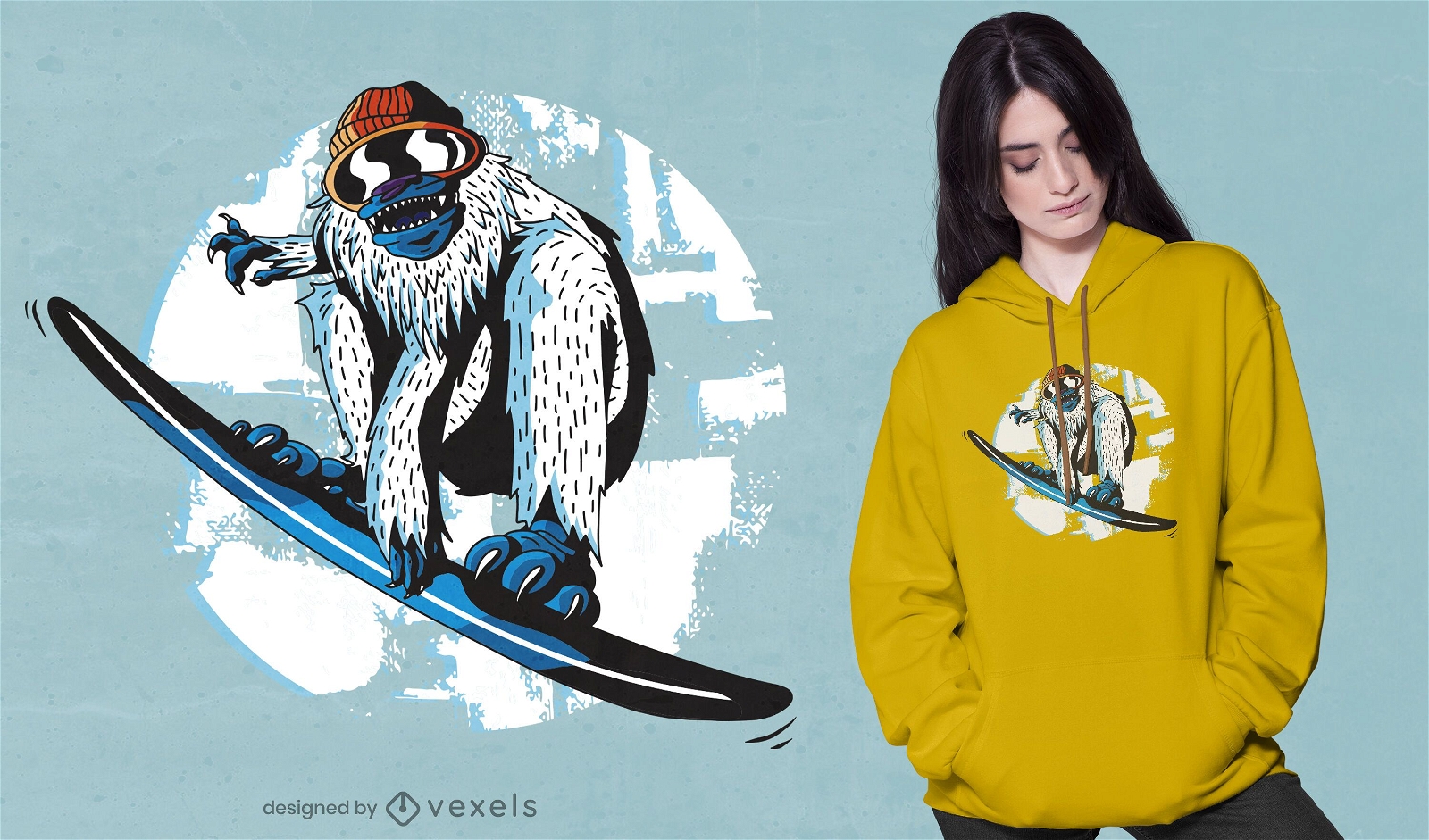 Diseño de camiseta de snowboard yeti.