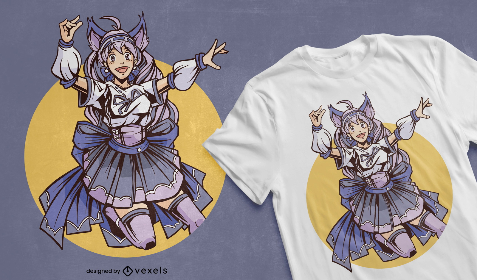 Glückliches Katzenmädchen-Anime-T-Shirt-Design