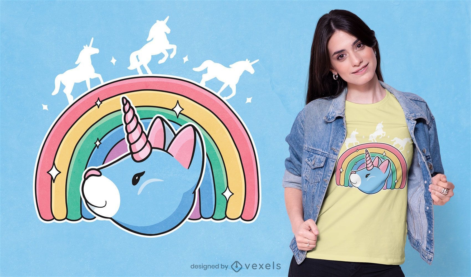 Design de camiseta de gato unicórnio e arco-íris