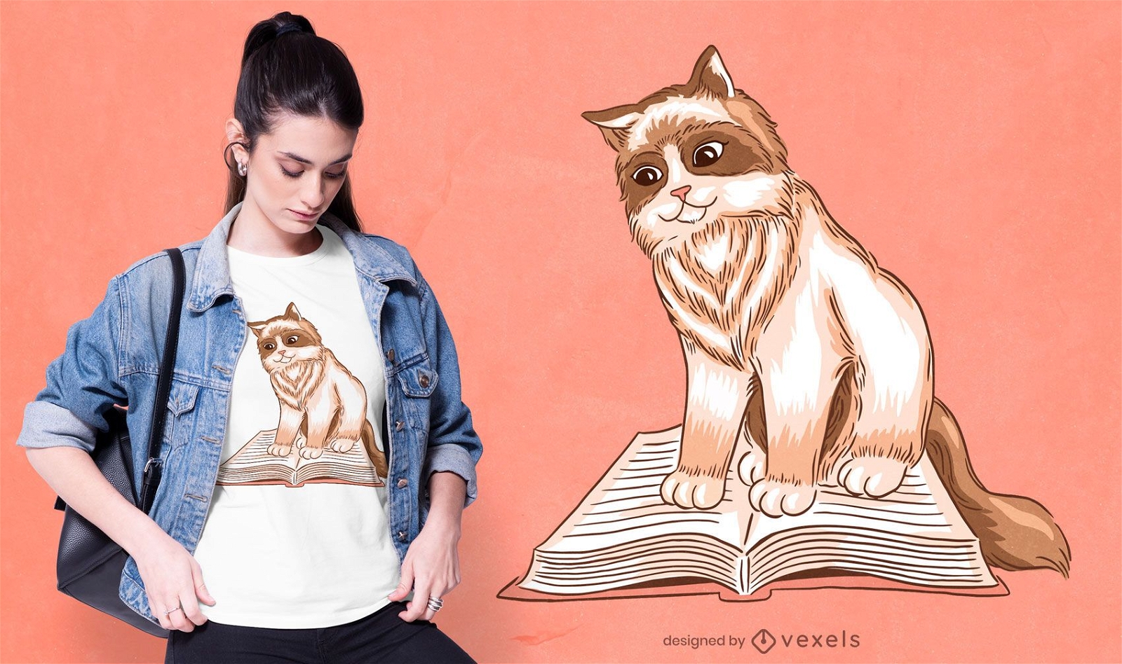 Katzentier, das ein Buch-T-Shirt-Design liest