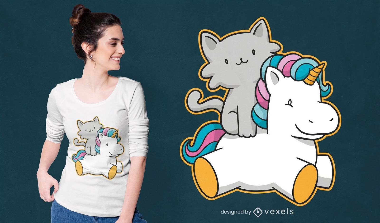Diseño de camiseta de gato montando unicornio.