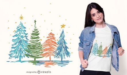 Camiseta de árvores de Natal desenhada à mão