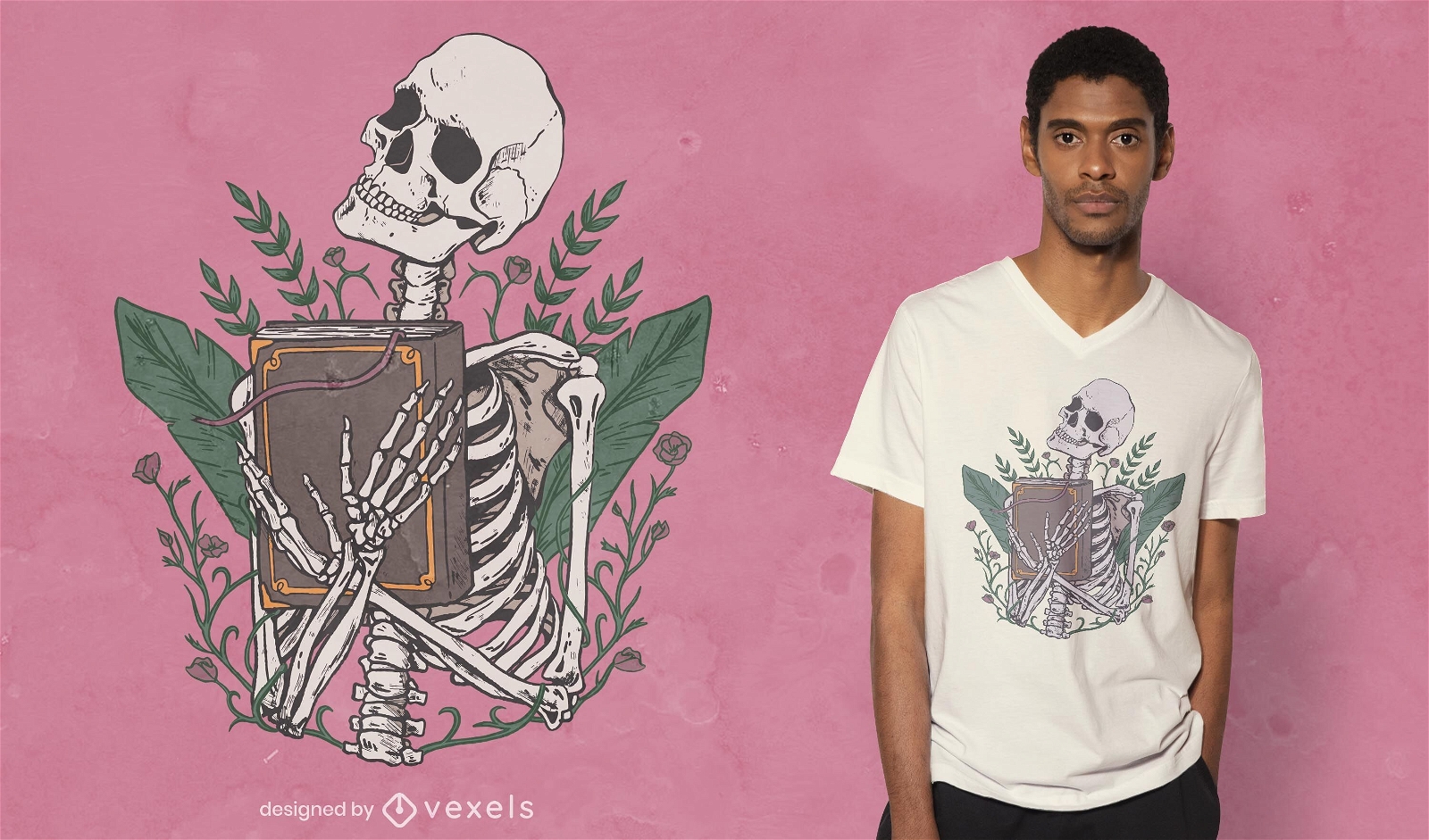 Esqueleto com design de t-shirt de livro