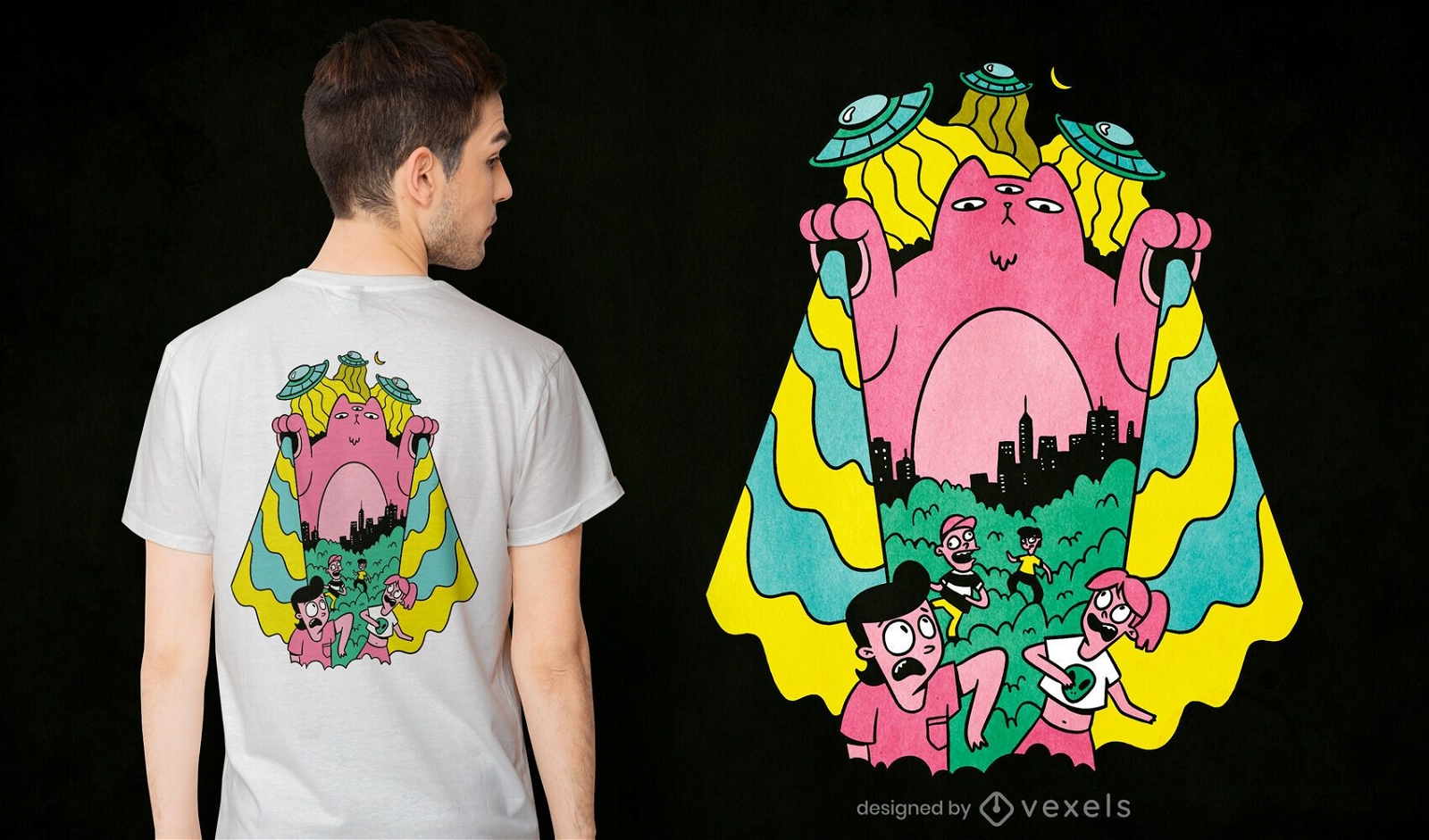 Design de camiseta de desenho animado de gato alienígena