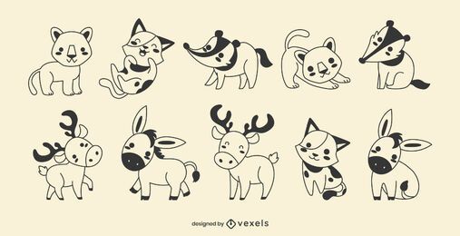 Conjunto de trazos llenos de animales lindos