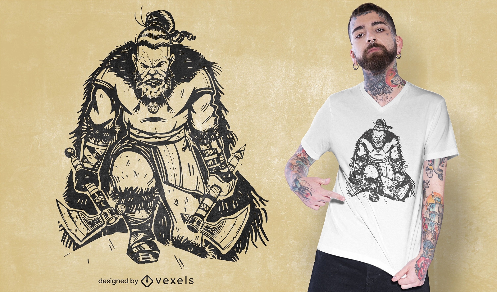Viking com design de camiseta de machados