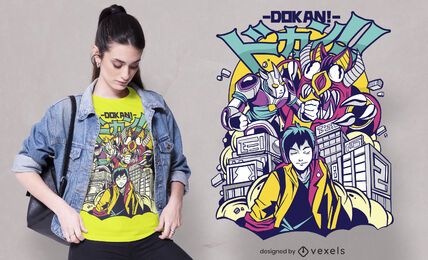 Diseño de camiseta de monstruos destruyendo ciudad.