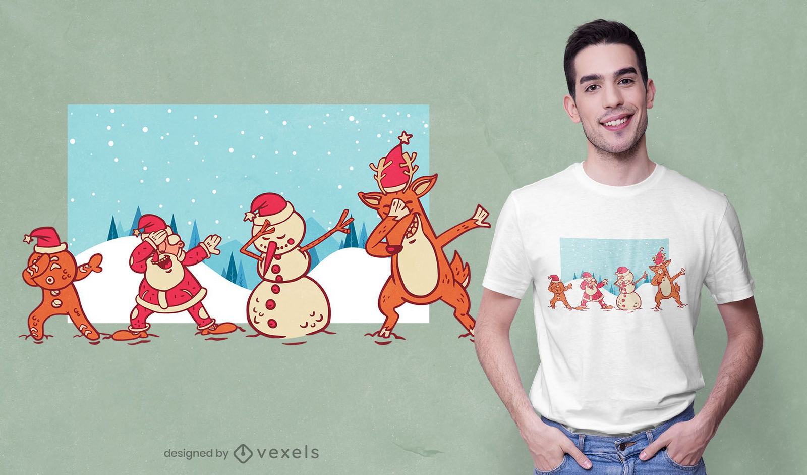 Diseño de camiseta de navidad muñeco de nieve y santa dabbing