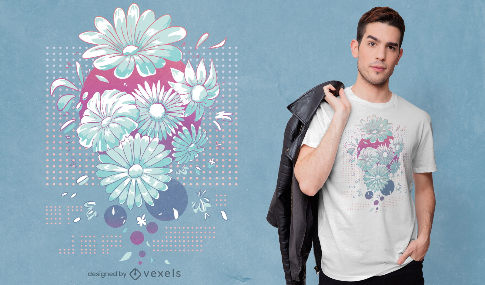 Futuristic illustration of daisy flower t shirt design, vector