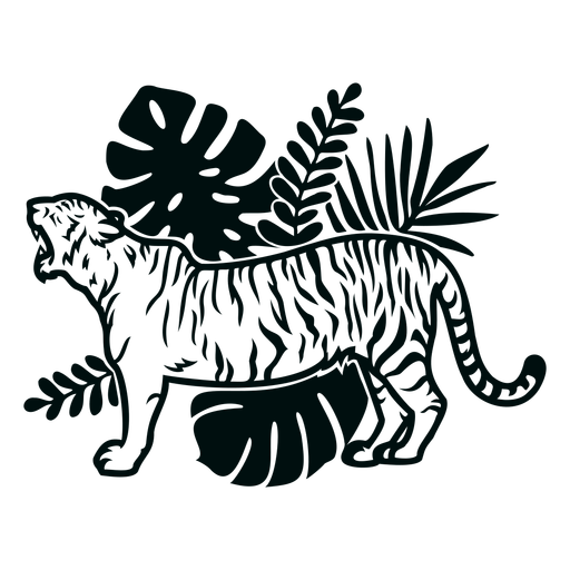 Tiger roaring with plants stroke PNG Design
