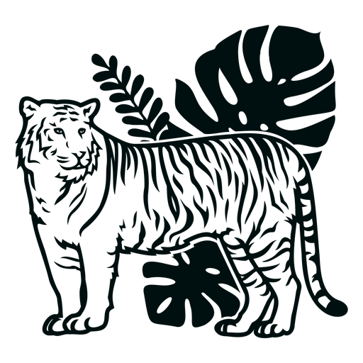 Tiger side with plants stroke PNG Design