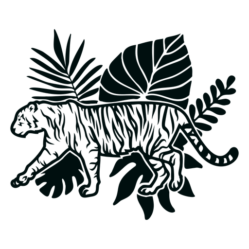 Tiger walking with plants stroke PNG Design