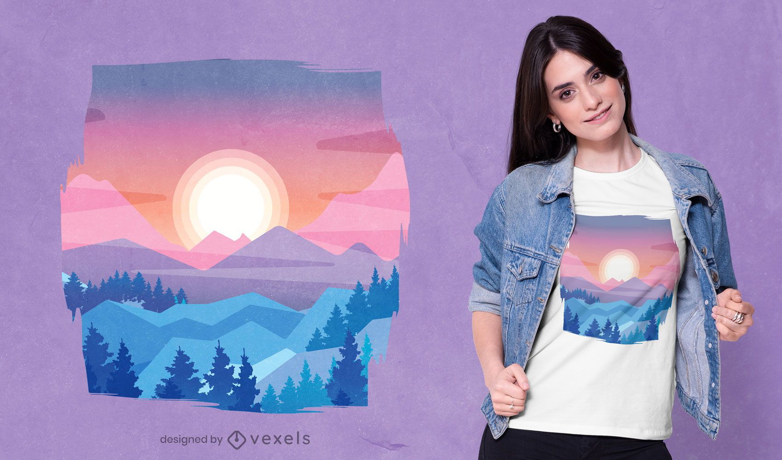 Desenho de t-shirt com a paisagem do pôr do sol