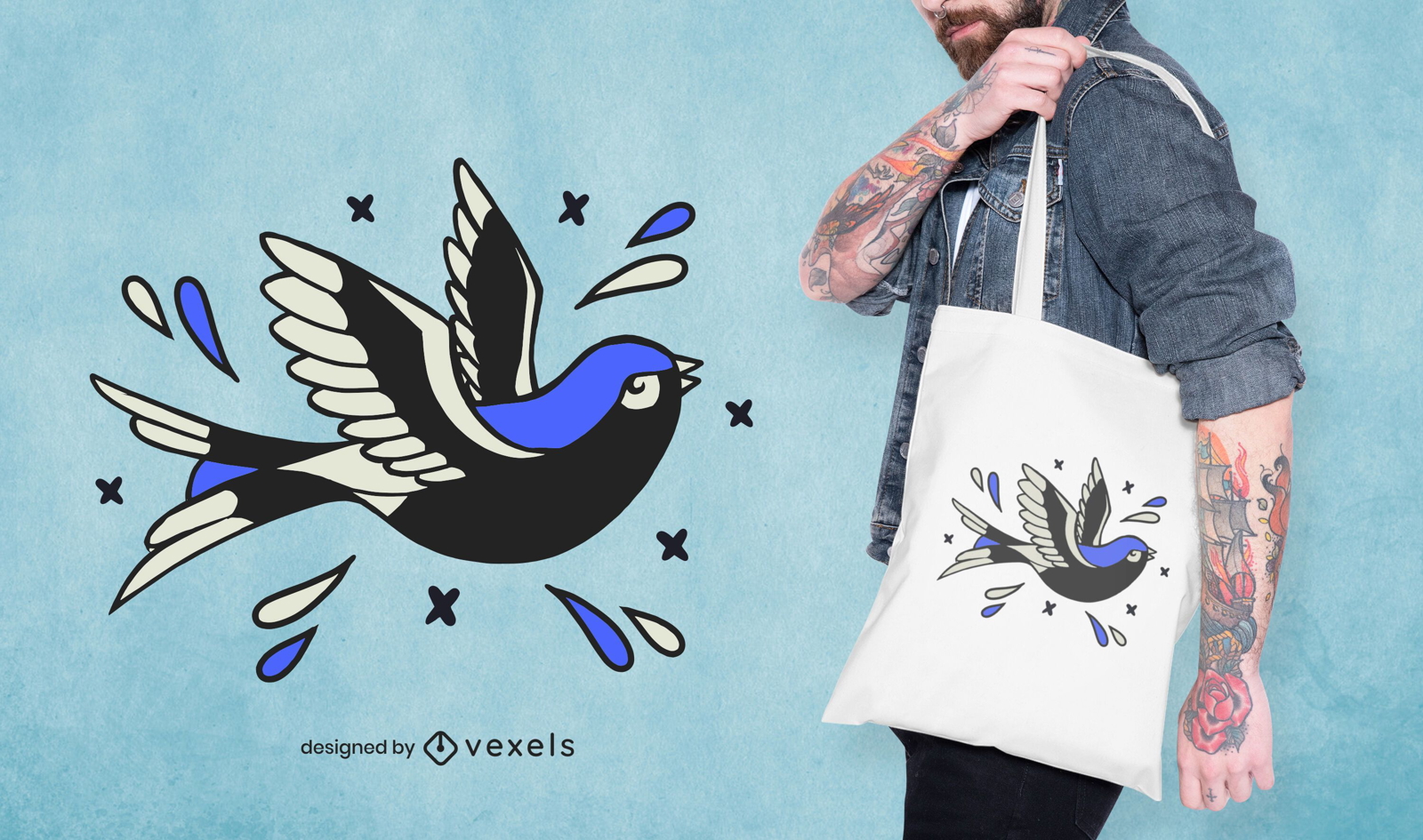 Diseño de bolso de mano con tatuaje de pájaro