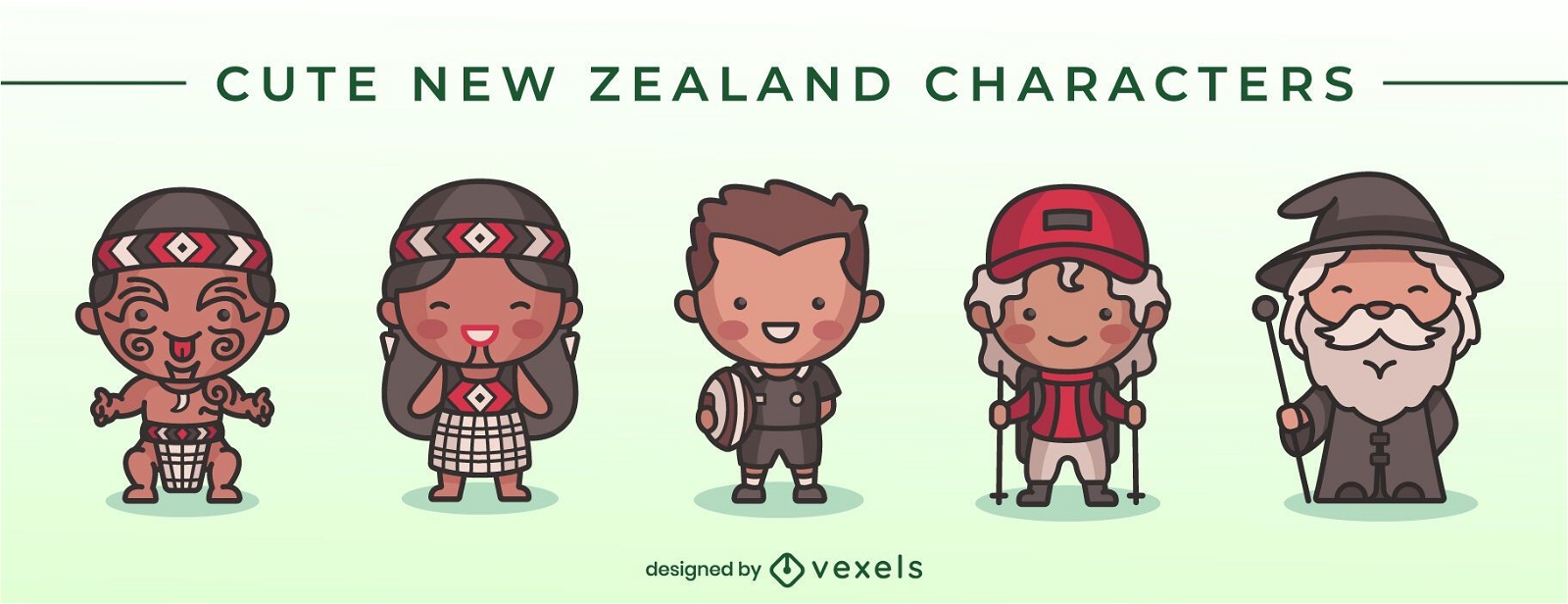 Lindo conjunto de caracteres da Nova Zelândia
