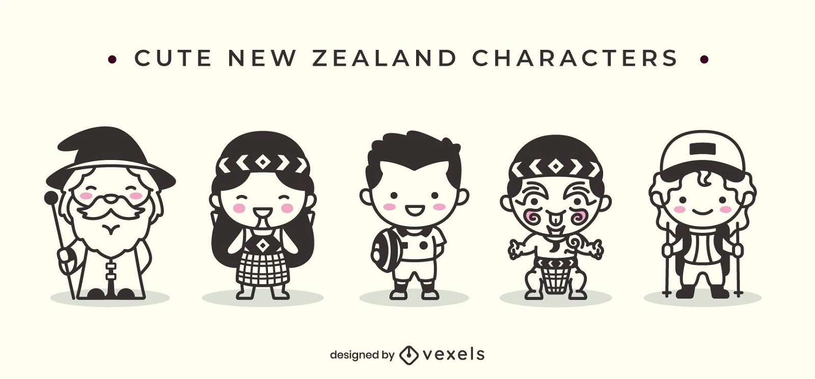 Cute new zealand filled stroke characters