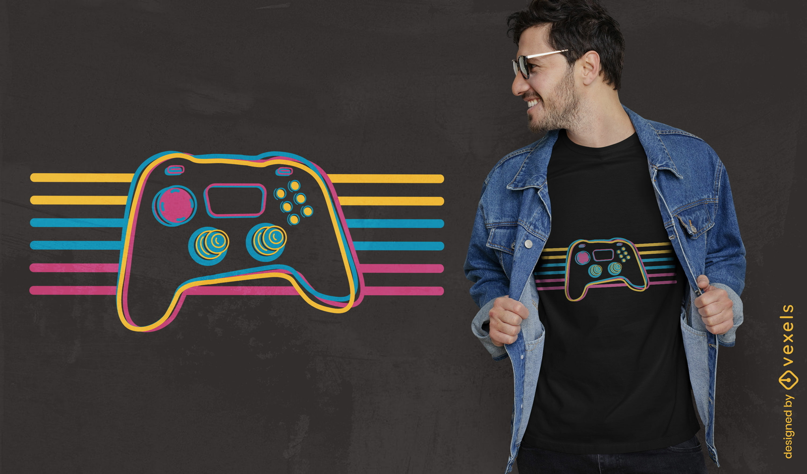 Joystick retro con diseño de camiseta de líneas coloridas