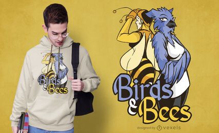 Diseño de camiseta de pájaros y abejas.