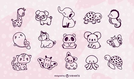 Conjunto de trazos de animales kawaii