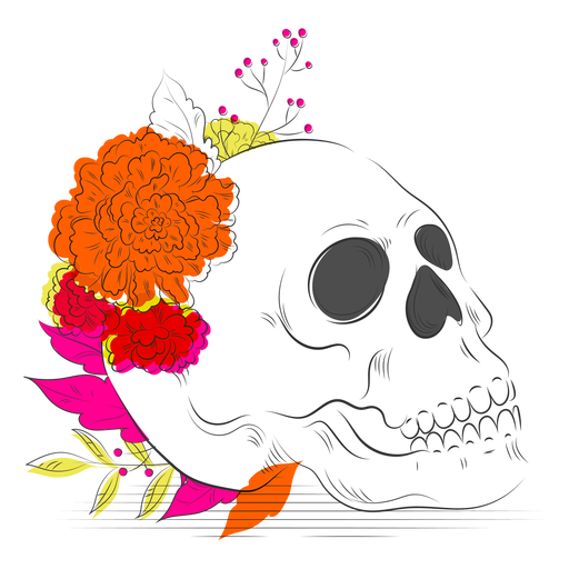 Skull colorful flowers hand drawn PNG Design