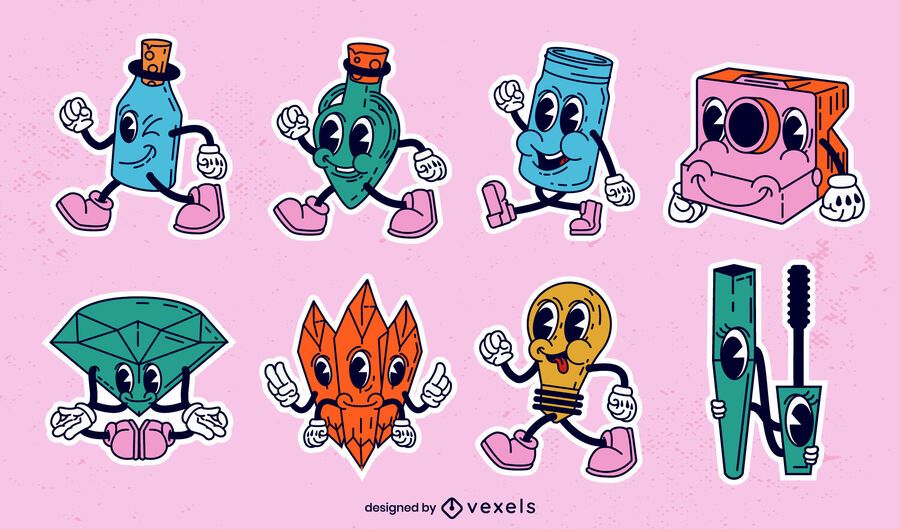 Conjunto de dibujos animados retro de objetos misceláneos Conjunto de dibujos animados retro de objetos misceláneos