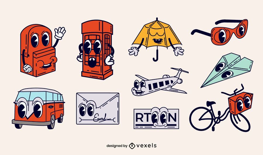 Travel elements retro cartoons set Travel elements retro cartoons set