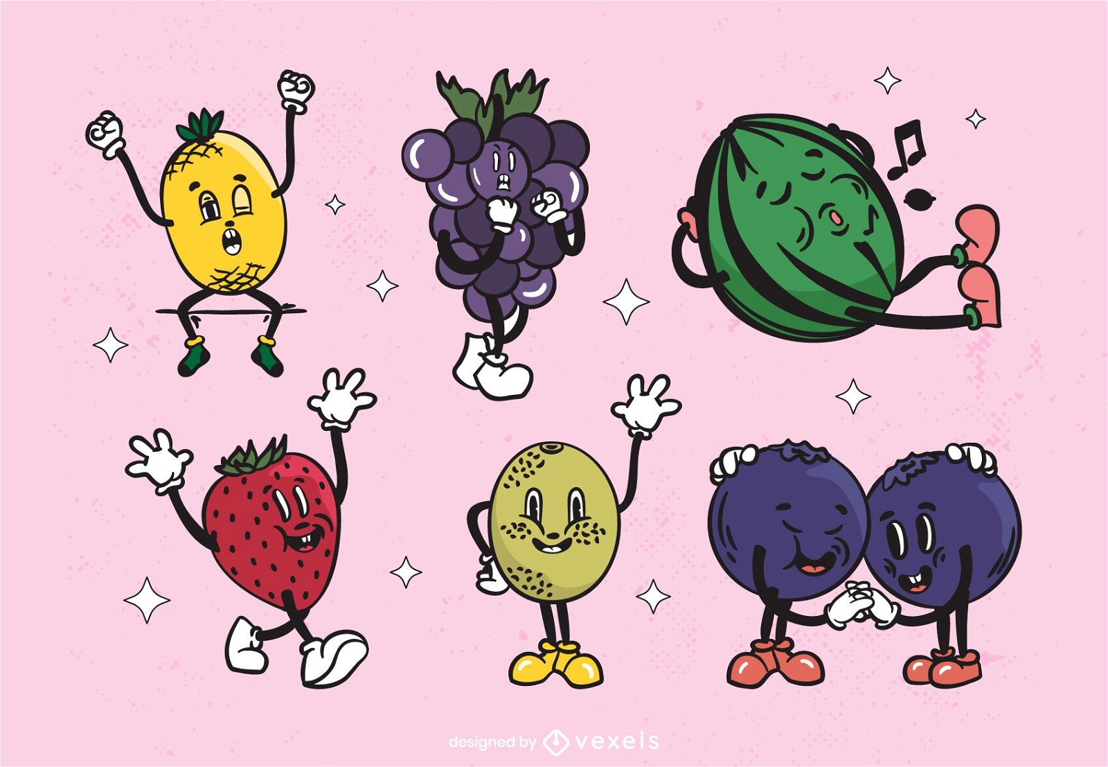 Conjunto de frutas de dibujos animados retro