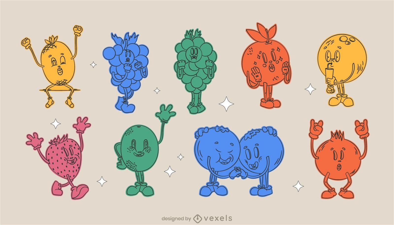 Conjunto de frutas monocromo dibujos animados retro