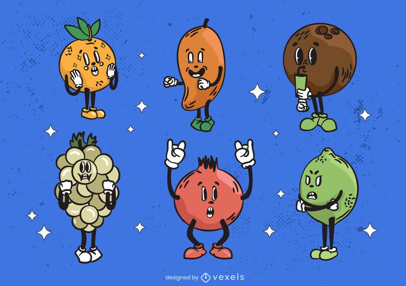 Conjunto de estilo retro de frutas de dibujos animados Conjunto de estilo retro de frutas de dibujos animados