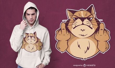 Design de camiseta de personagem de gato louco de dedo médio