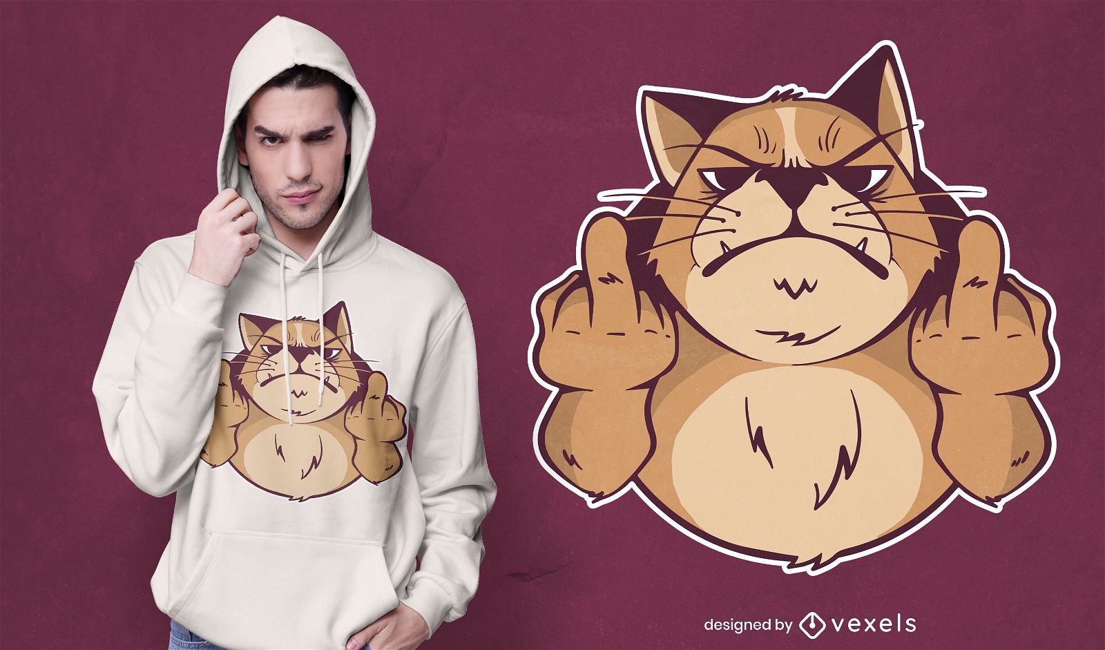 Design de camiseta de personagem de gato louco de dedo m?dio