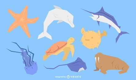 Conjunto plano de animais marinhos